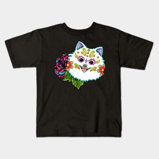 Pomeranian in White - Day of the Dead Sugar Skull Dog Kids T-Shirt